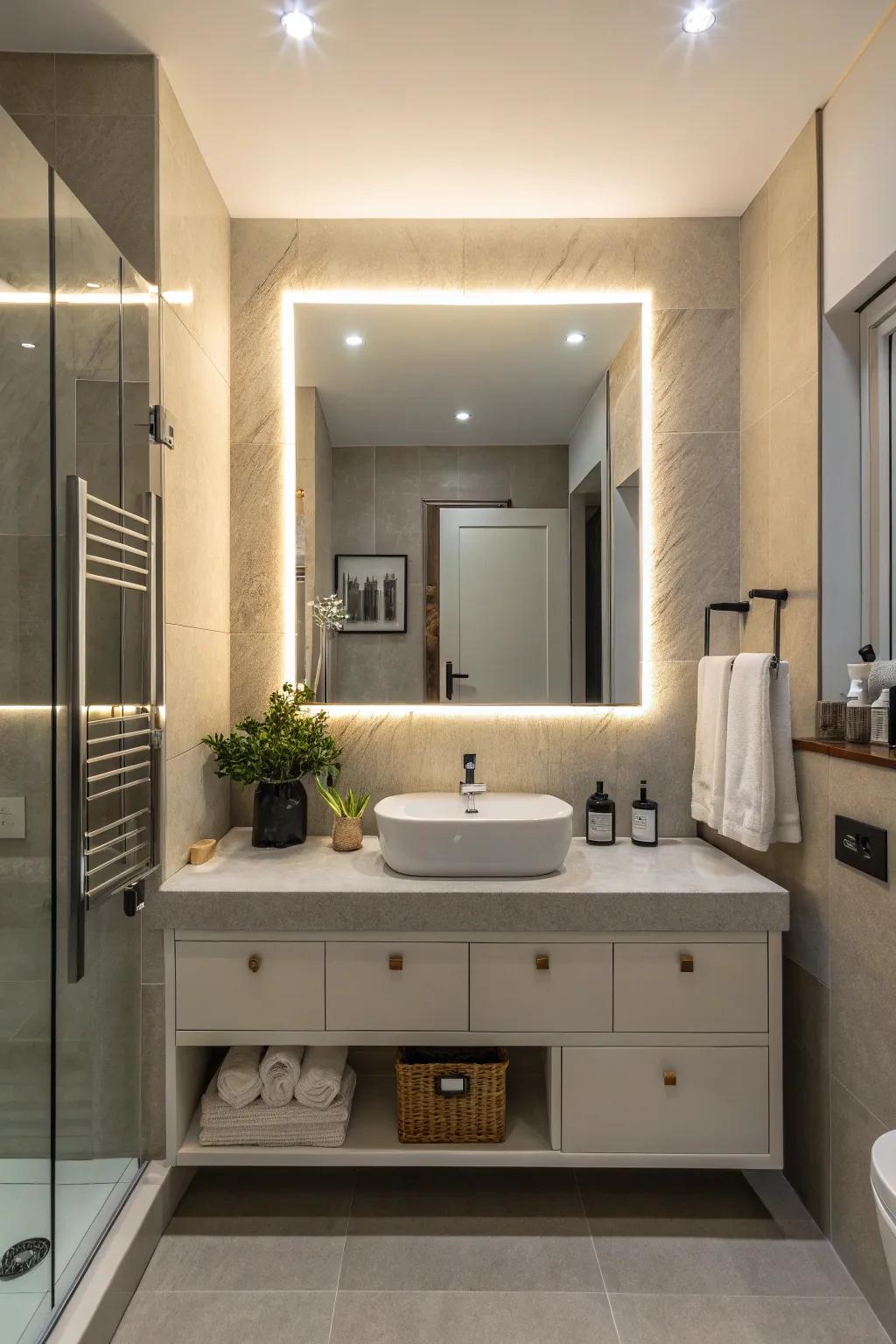 A versatile washroom configuration featuring an illuminated reflection that proffer hue intensity command.