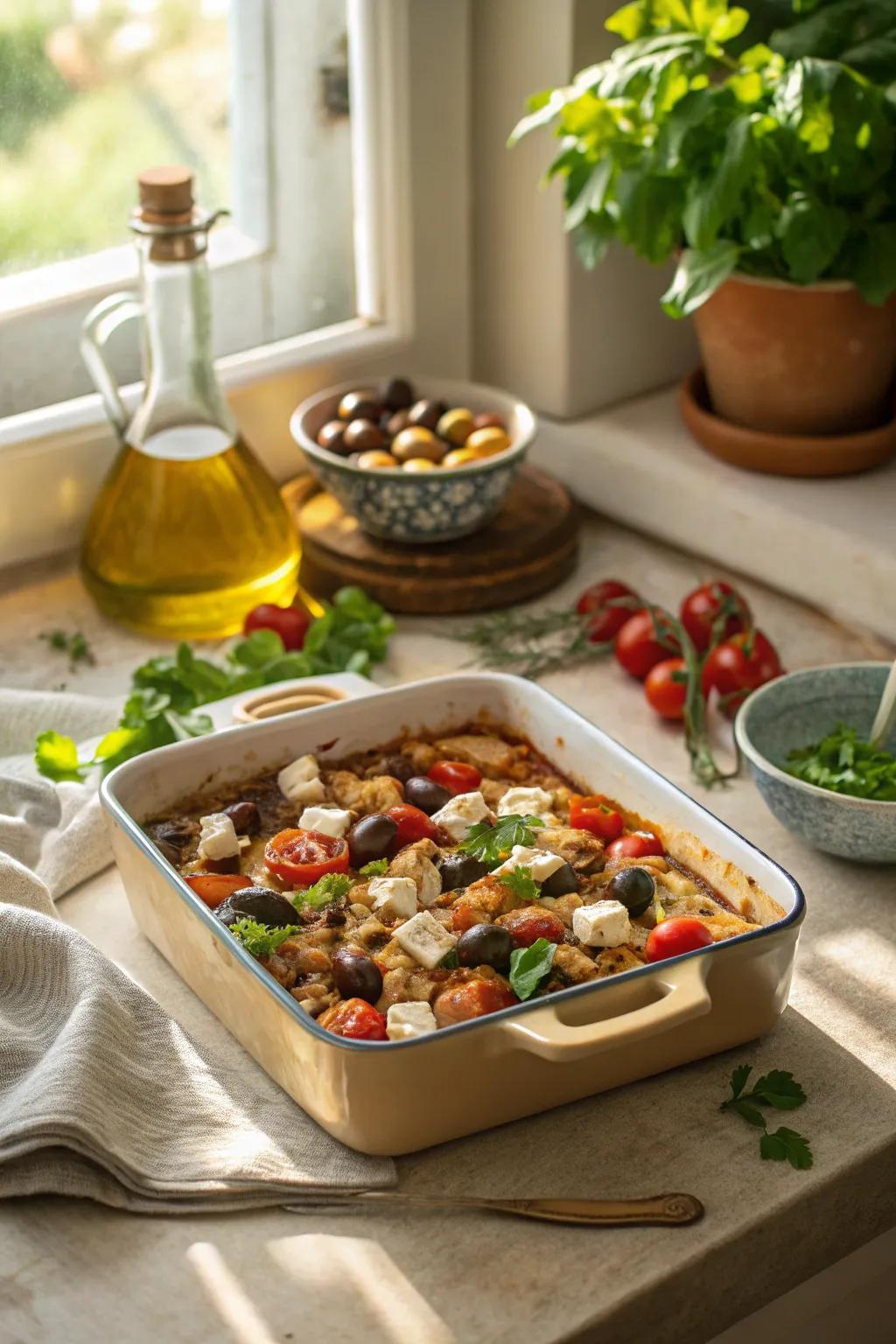 Mediterranean turkey casserole brings a taste of the Mediterranean to your dinner.