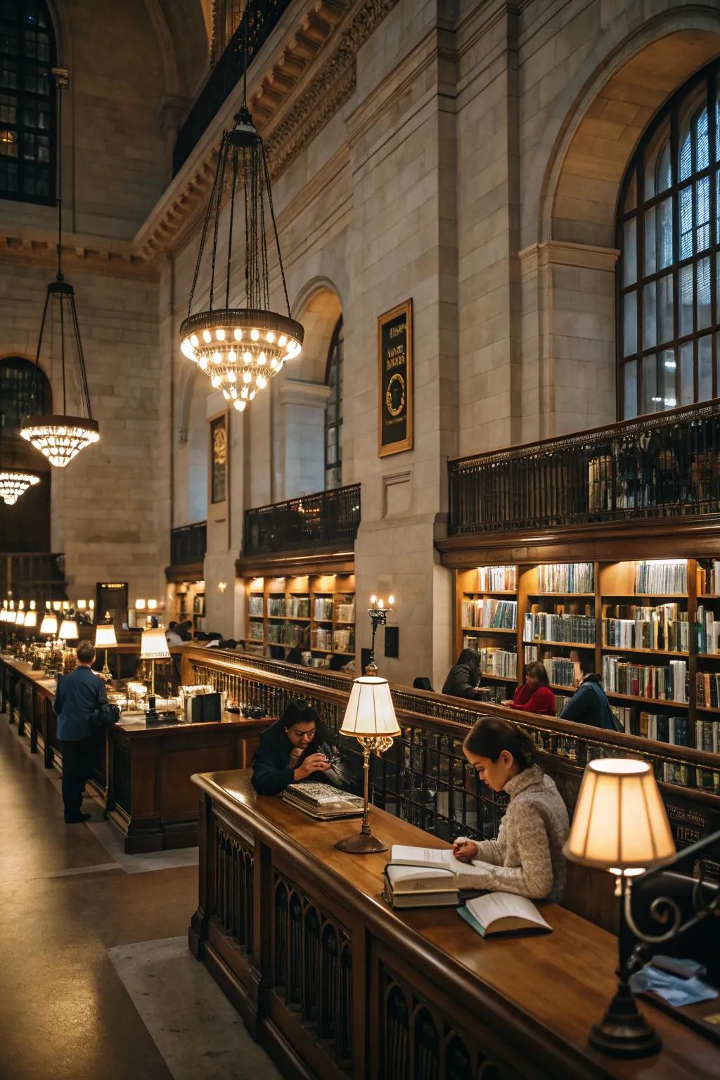 A library illuminated by ambient lighting, featuring floor lamps and wall lights.