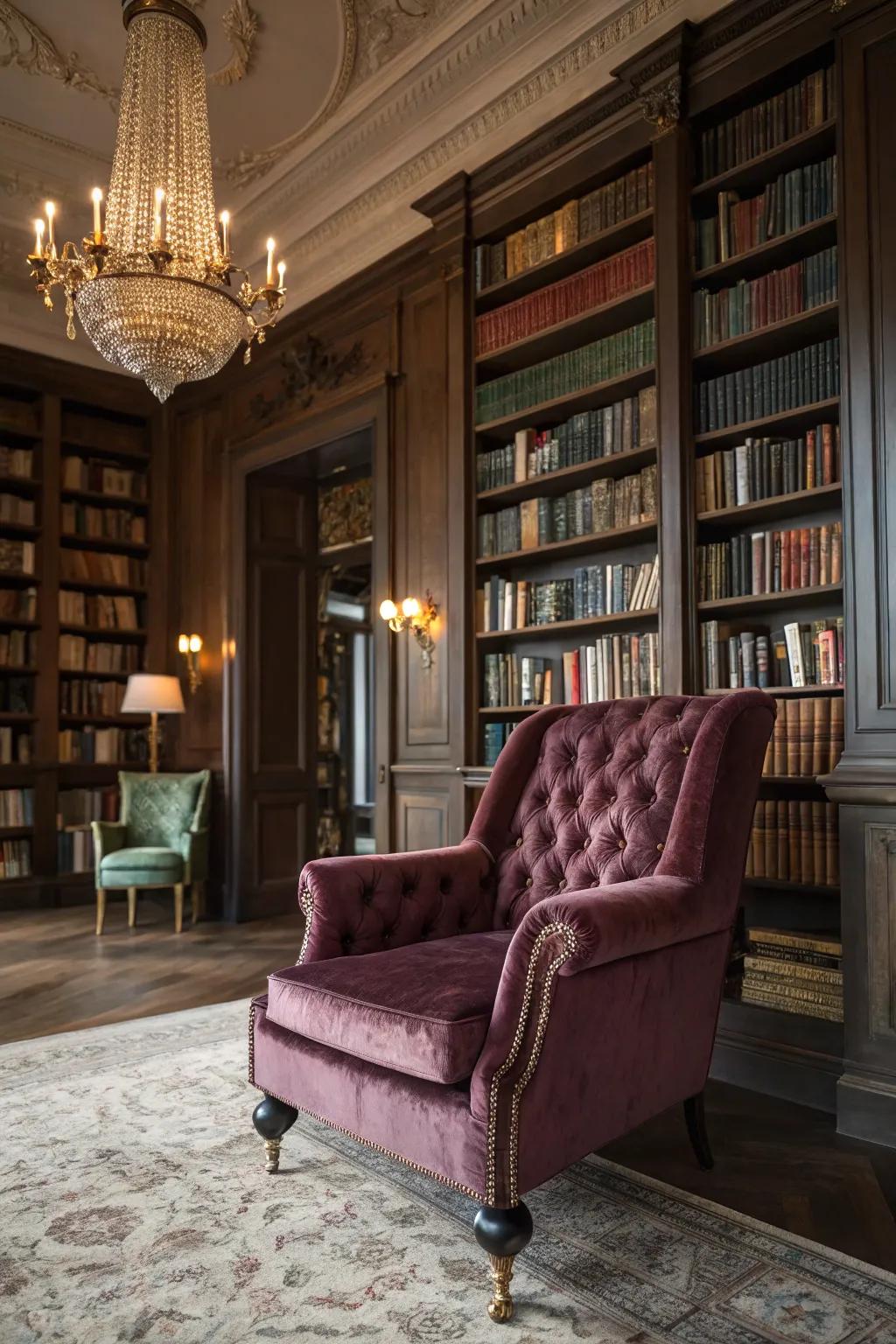 Luxurious textures that add elegance and comfort to the library.