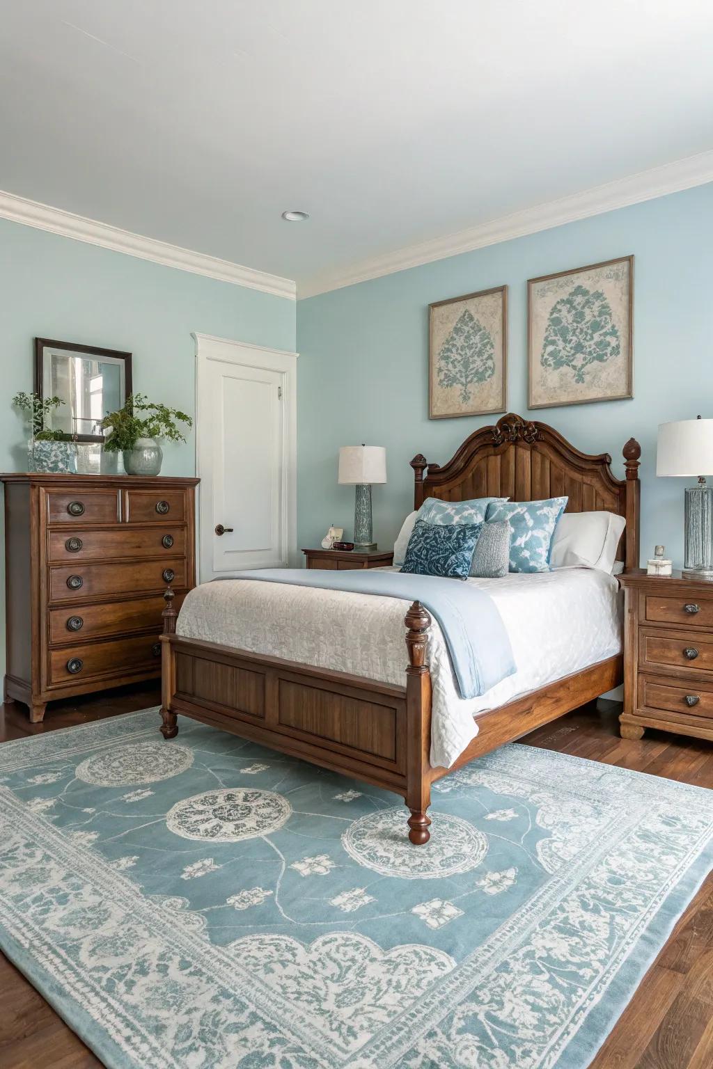 A bedroom harmoniously blends traditional furniture with modern light blue tones.