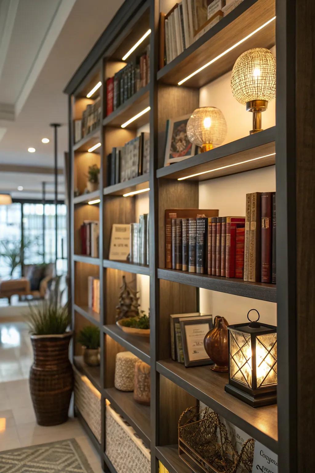 Bookshelves enhanced by the warm glow of lights.