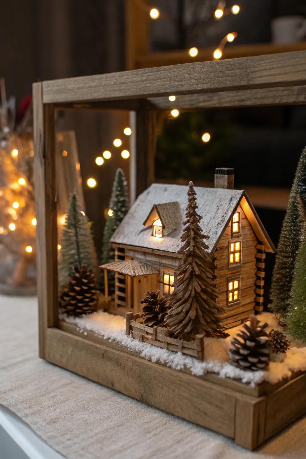 A cozy rustic cabin-themed diorama