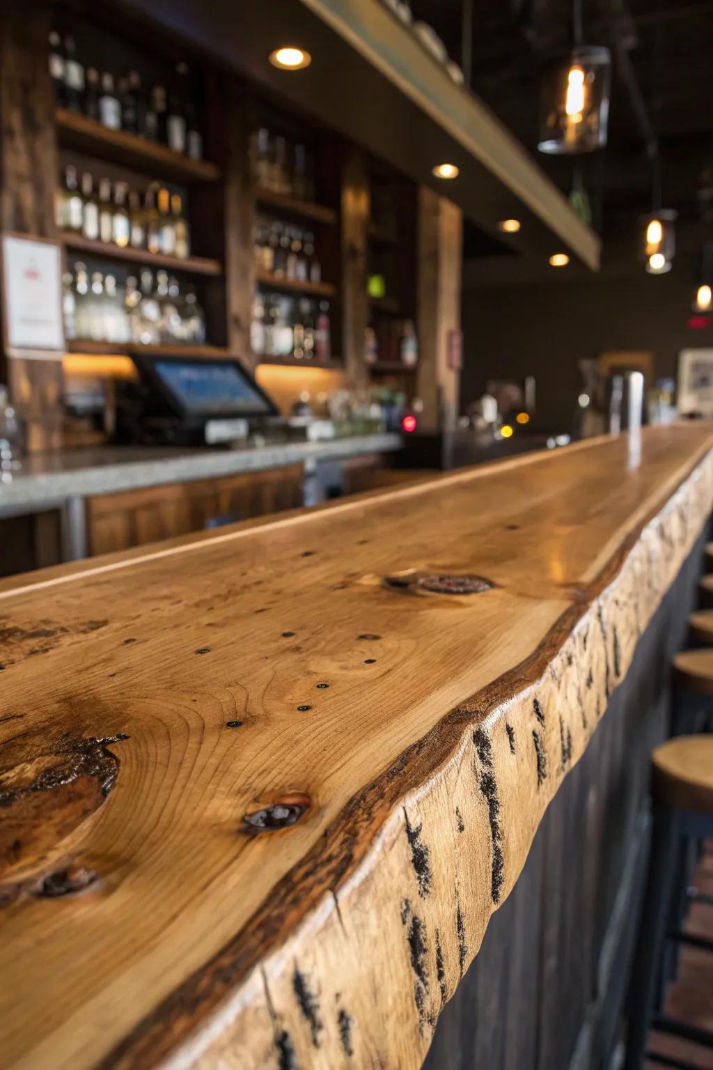 A live edge bar that celebrates the lumber's story, showcasing its organic imperfections.