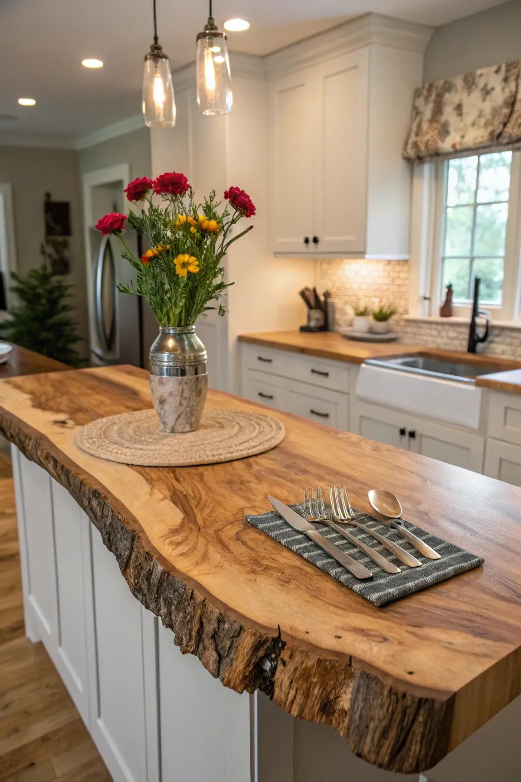 A custom-shaped natural-edge worktop customized to a unique cooking area space.