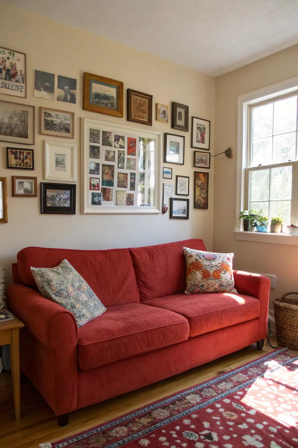 A gallery wall gives the area a personal touch and enhances the visual attractiveness of a crimson sofa.