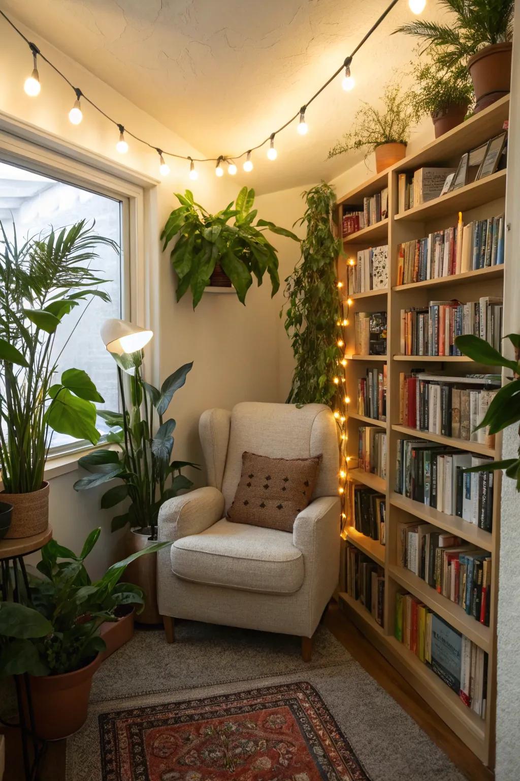 A snug reading corner enveloped by abundant greenery.