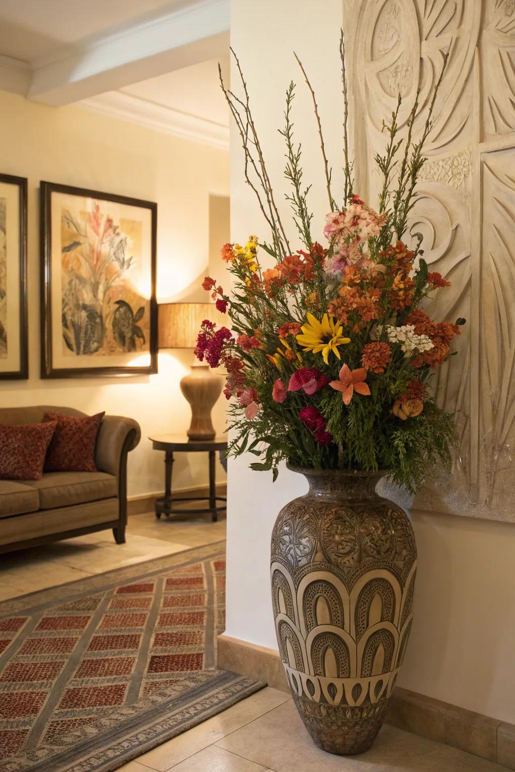 Integrate a sizable floor vase alongside artistic pieces to forge a harmonious living room proclamation.
