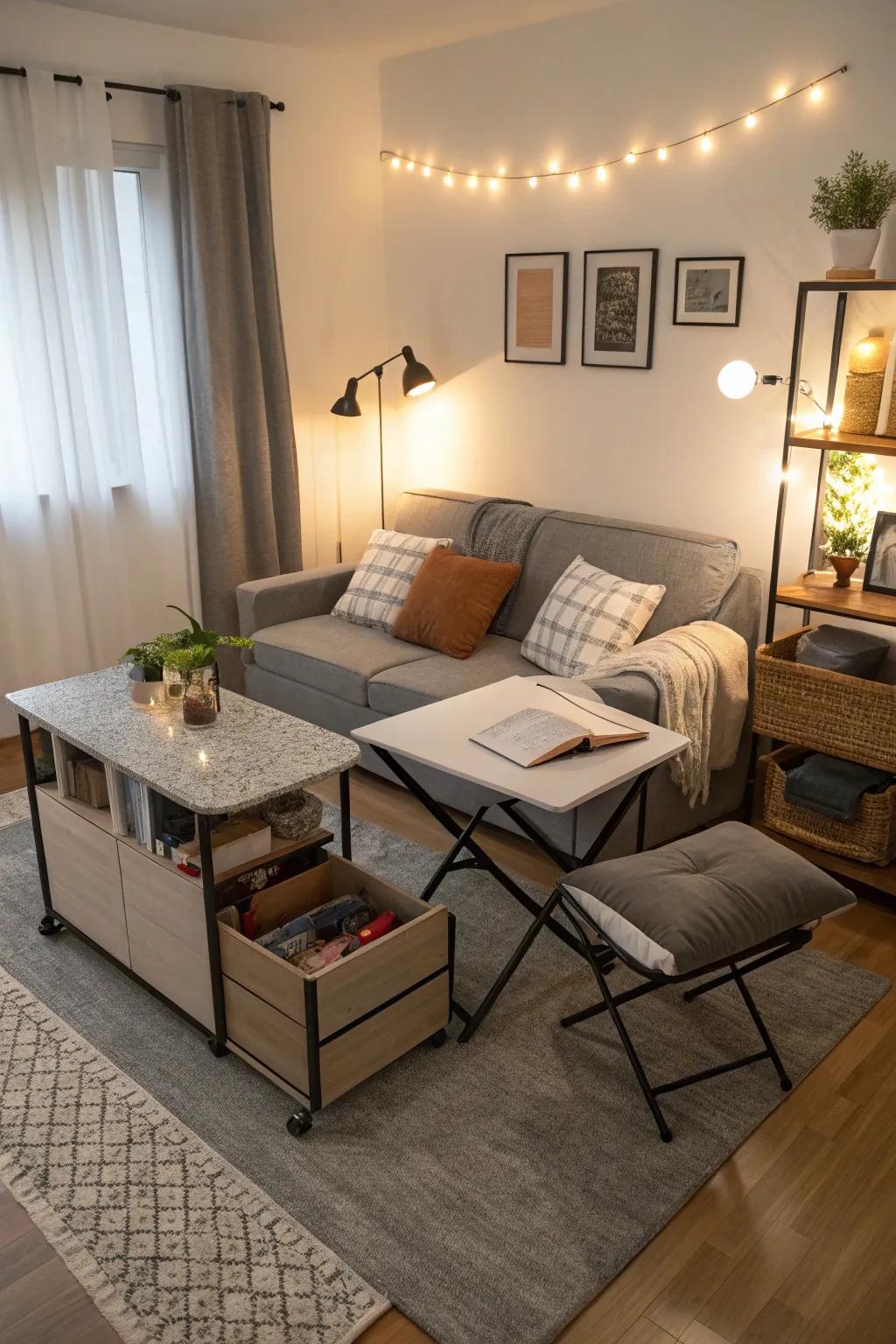 A small lounge showcasing multi-functional furniture.