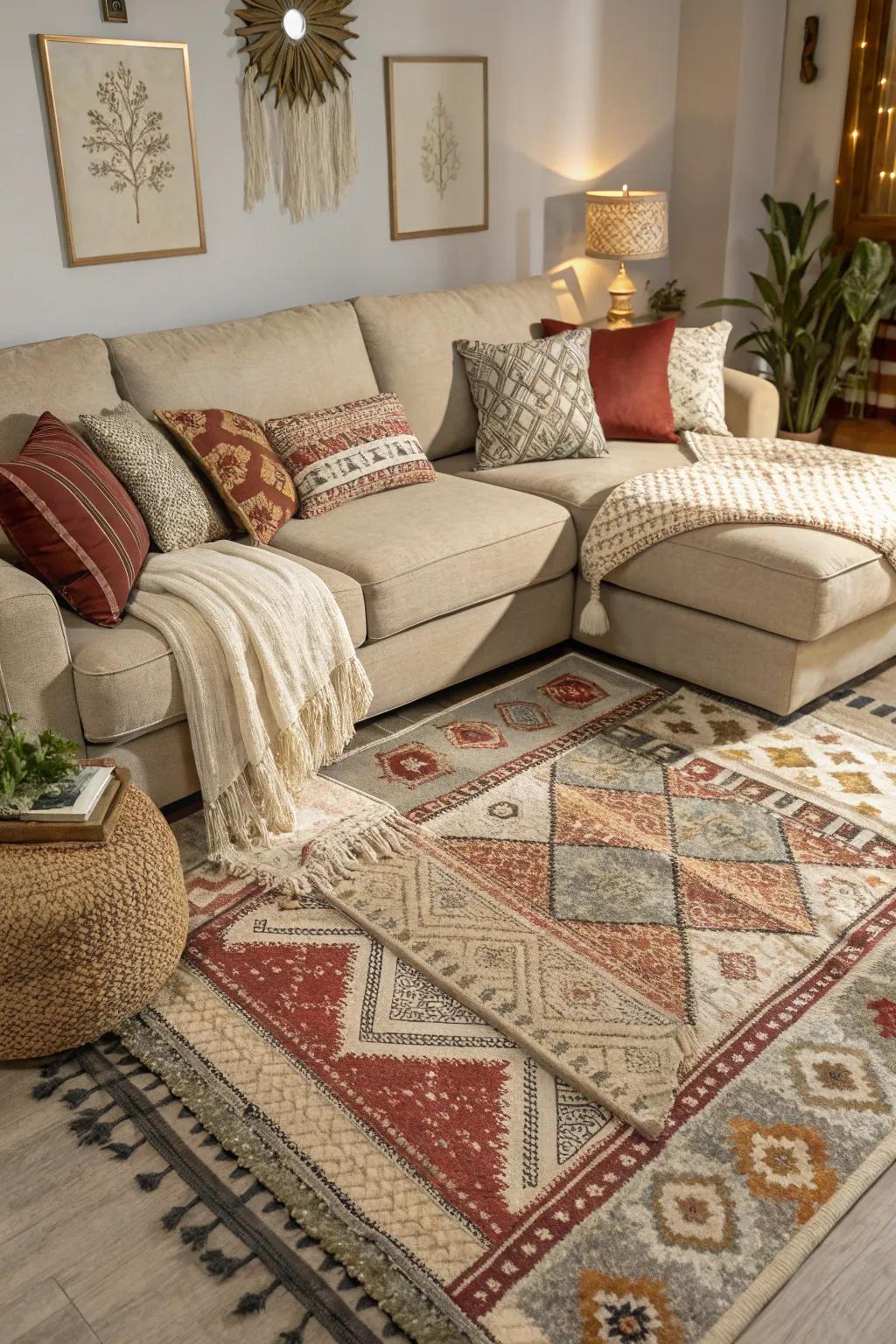 Layered rugs add warmth and definition to your sectional space.