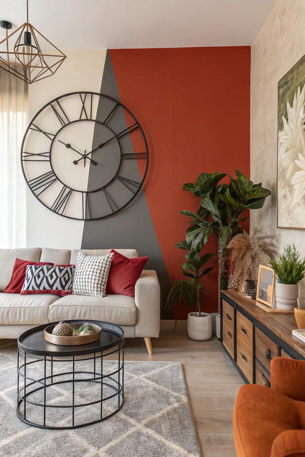 A contrasting setting makes the wall clock a striking centerpiece.