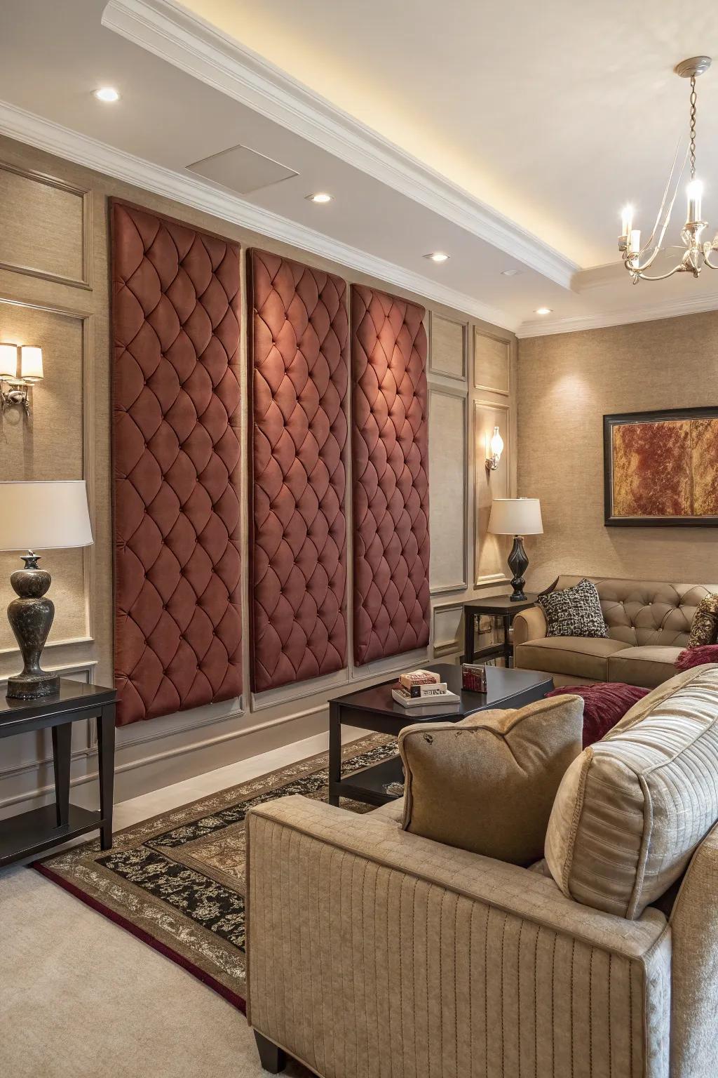 Fabric panels create a plush and luxurious wall finish.