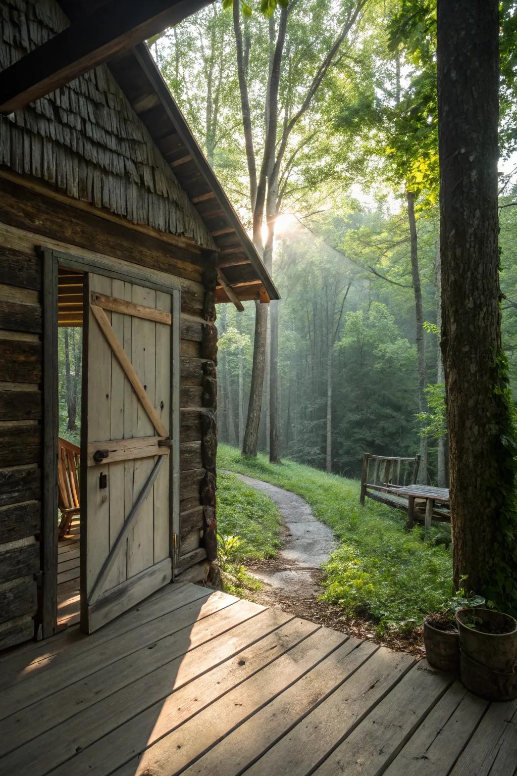 A log cabin showcasing a rustic sliding stable door.