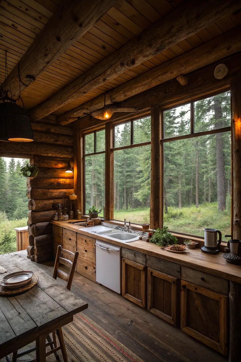 A sizable window furnishes captivating vistas and nature-inspired illumination within this cooking space.