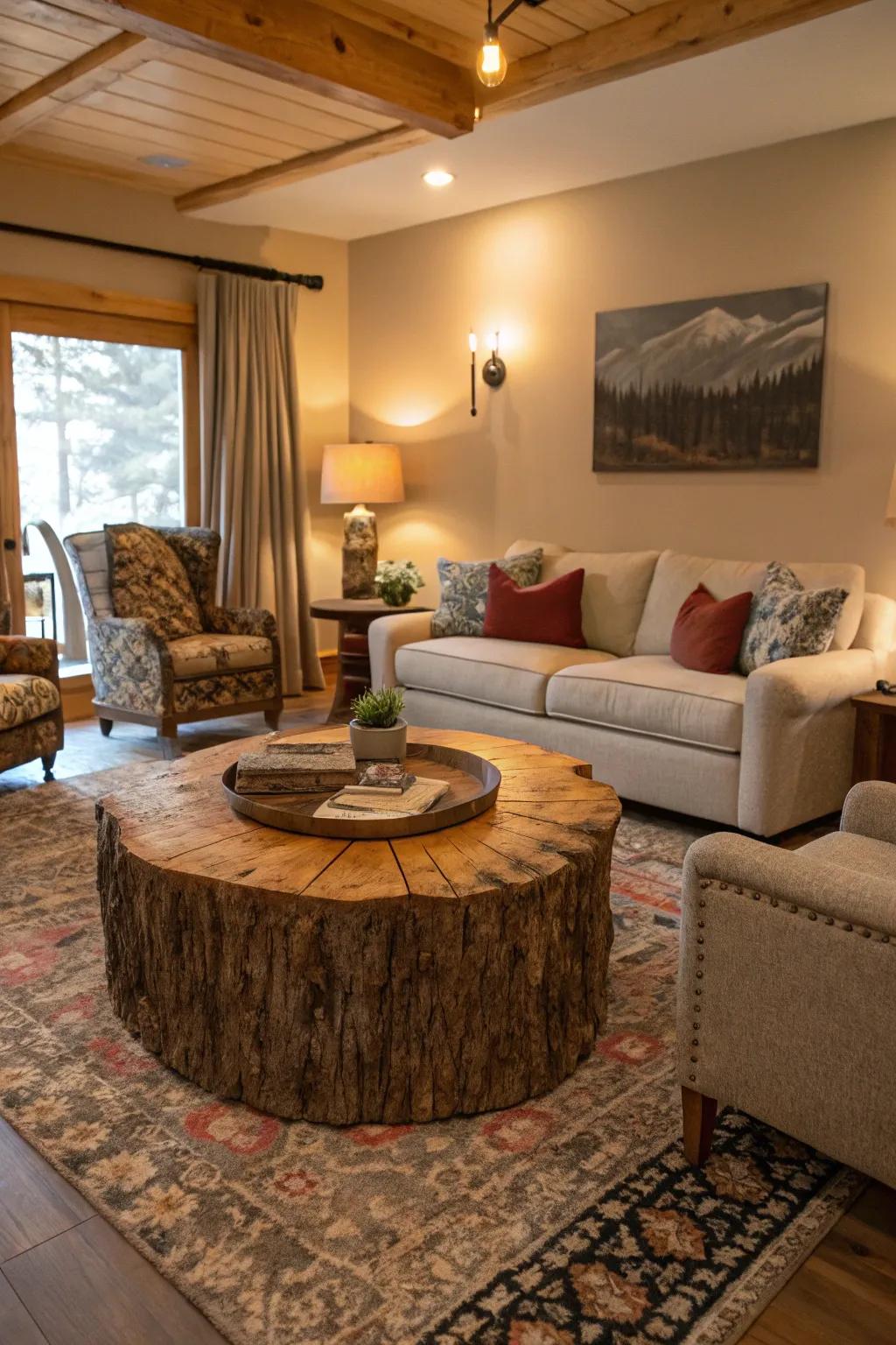 An audacious table crafted from a log serving as a lounge highlight.