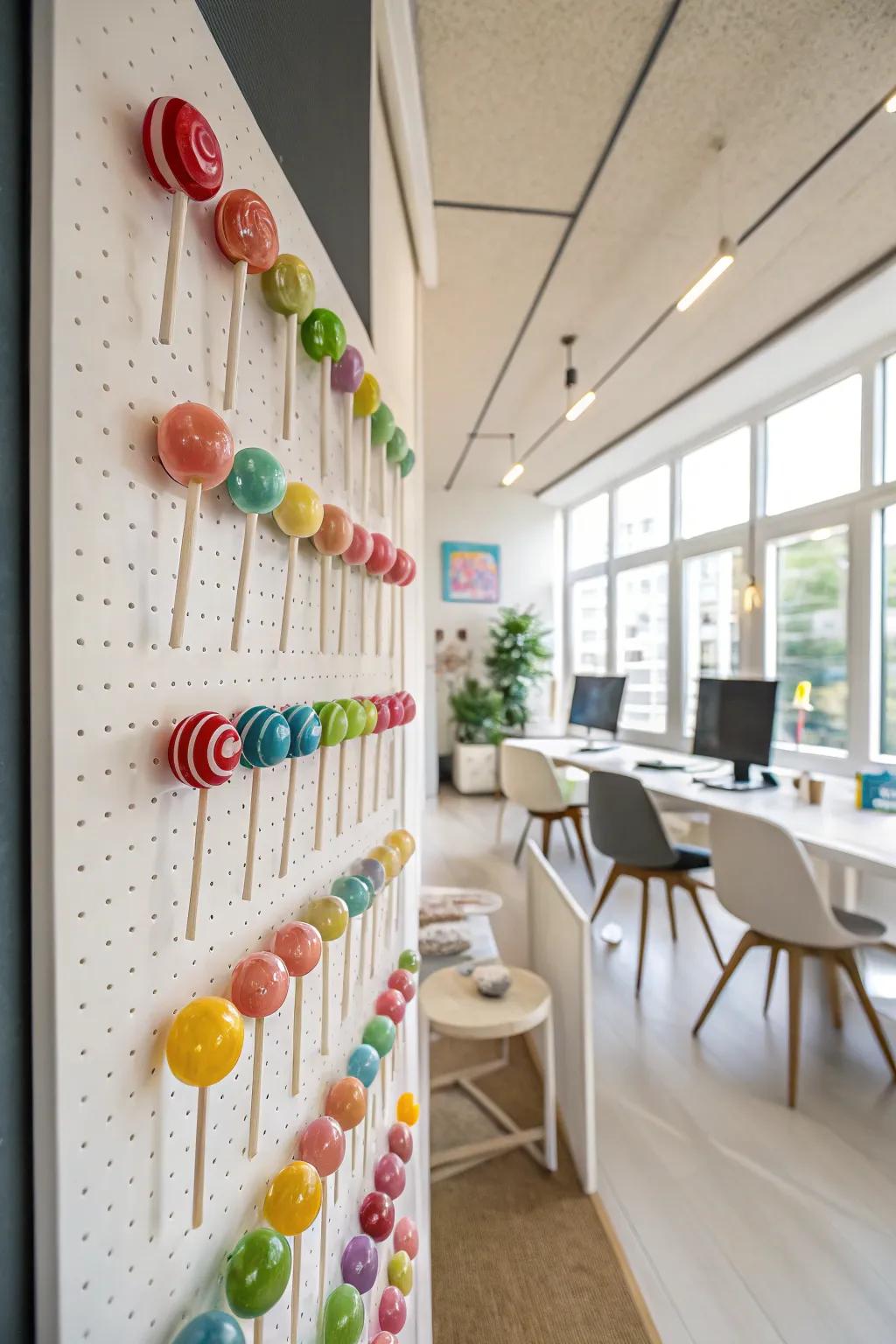 Wall-affixed presentations convert candies into attention-grabbing wall artistry.