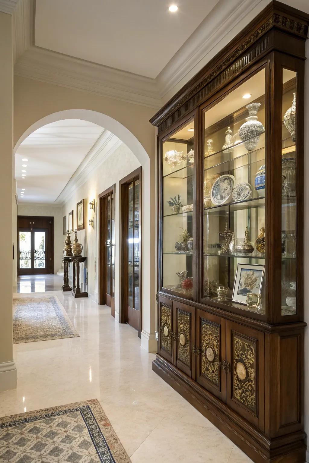 A collector's cabinet transforms this entryway into a gallery of personal treasures.