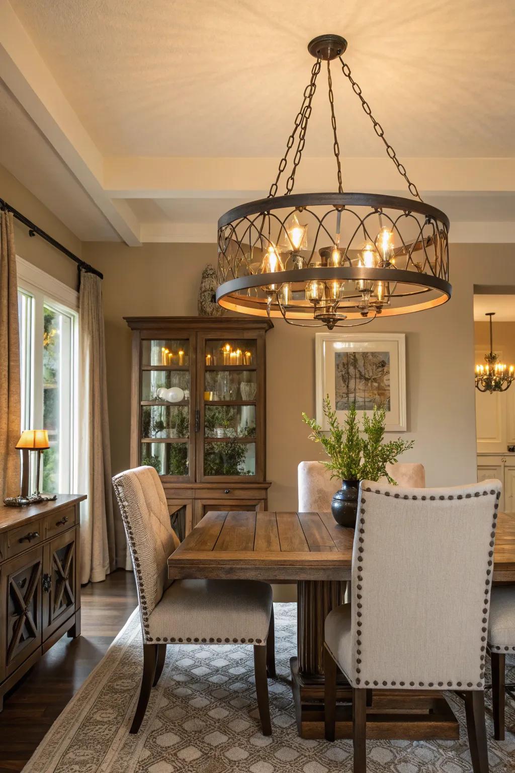 A mixed metal lamp adds texture in a dining room.