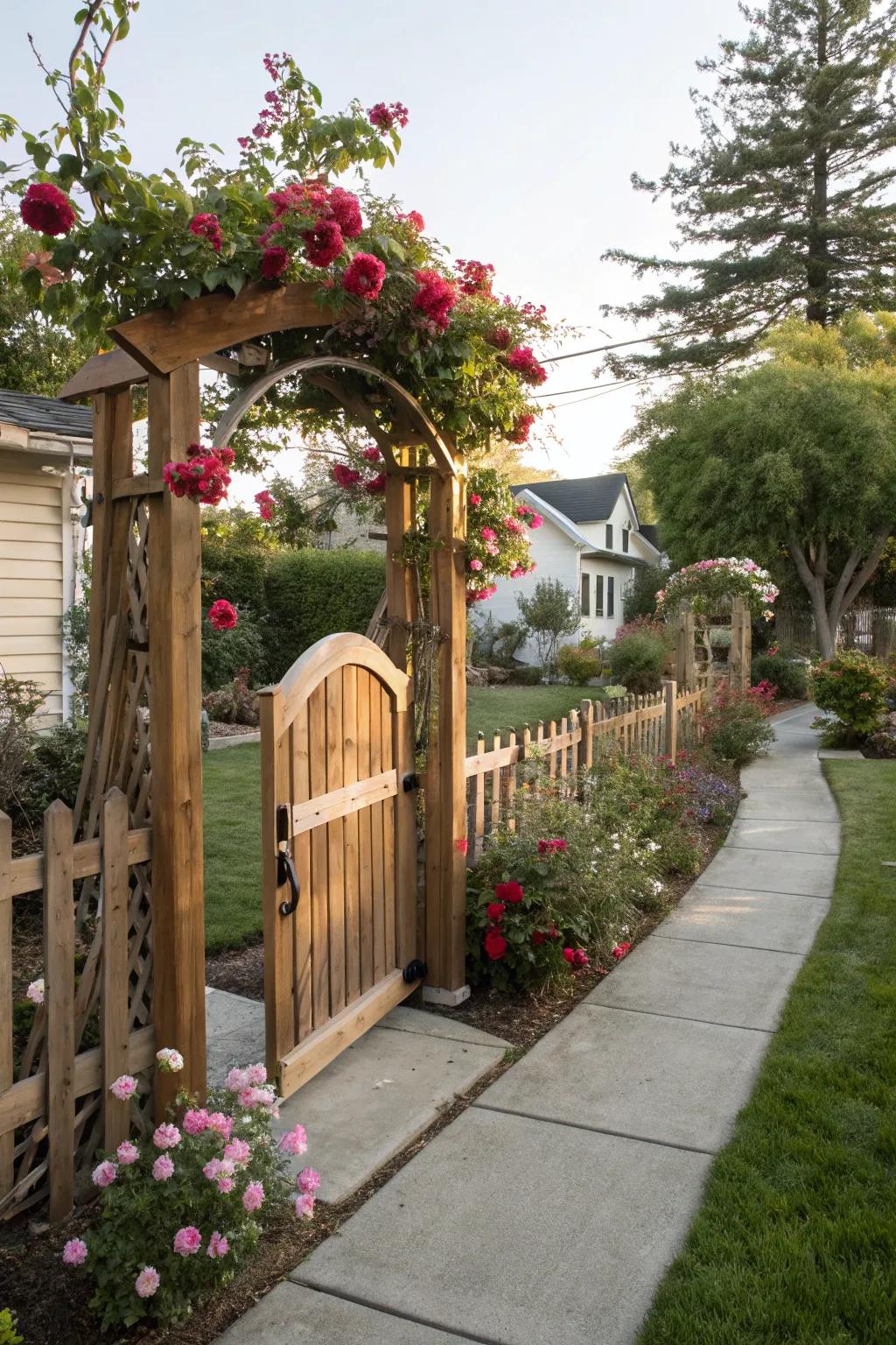 A curved timber portal appends a welcoming touch to this front yard.