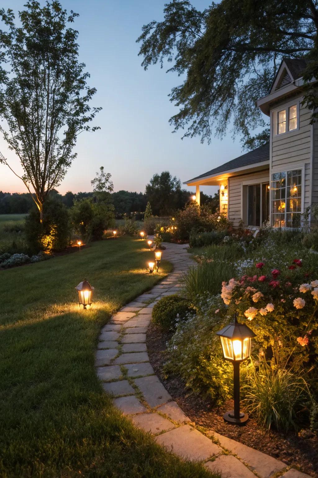 Outdoor illumination enhancing the safety and ambiance of a garden setting.