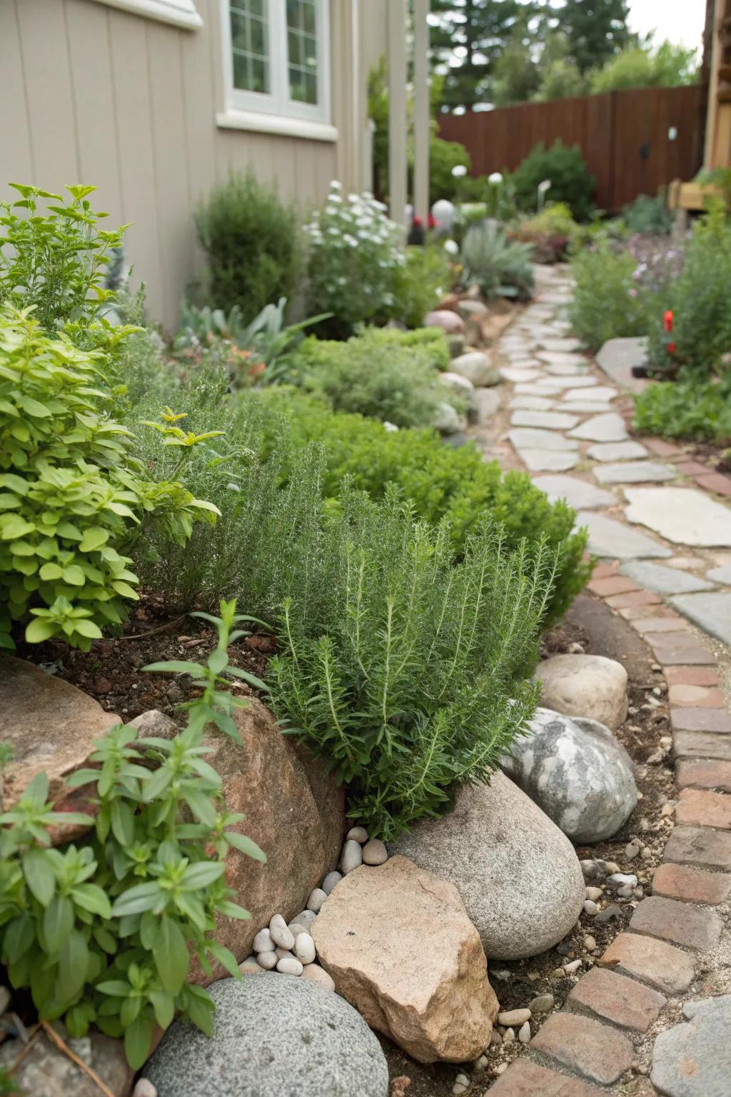 Palatable flora flourish amid stones.