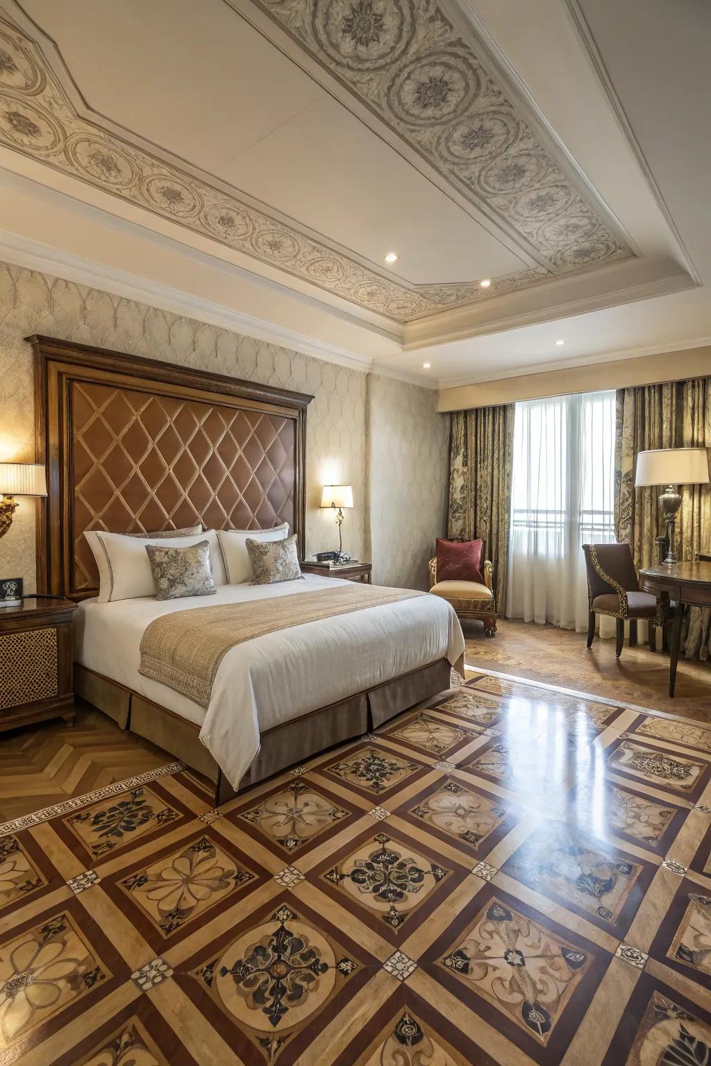 A deluxe bedroom displaying flooring that introduces uniqueness to the area.