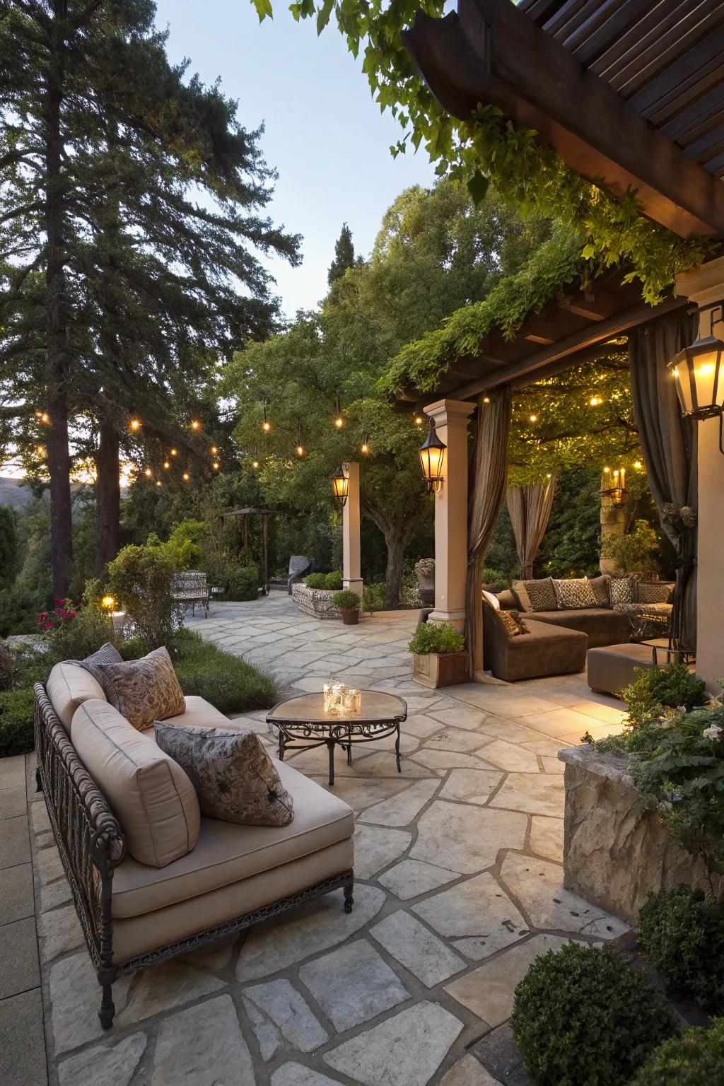 Stone surface fashions a seamless transition to lavish outdoor zones.