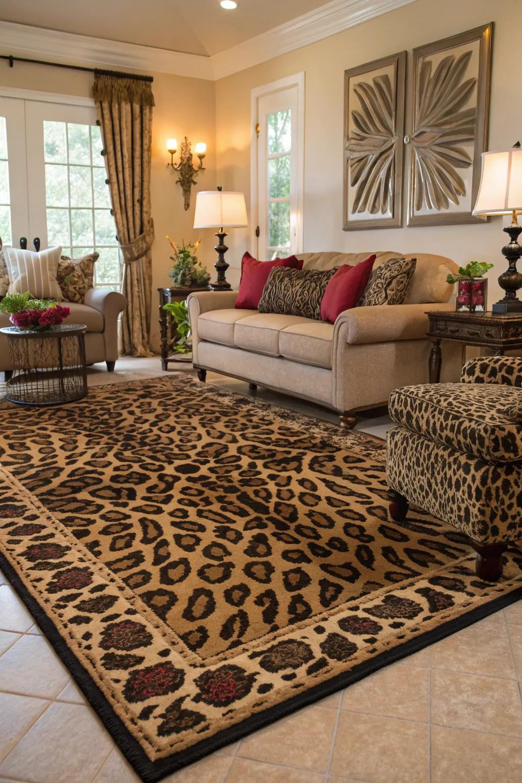 A wild animal print rug makes a bold statement in this chic living space.