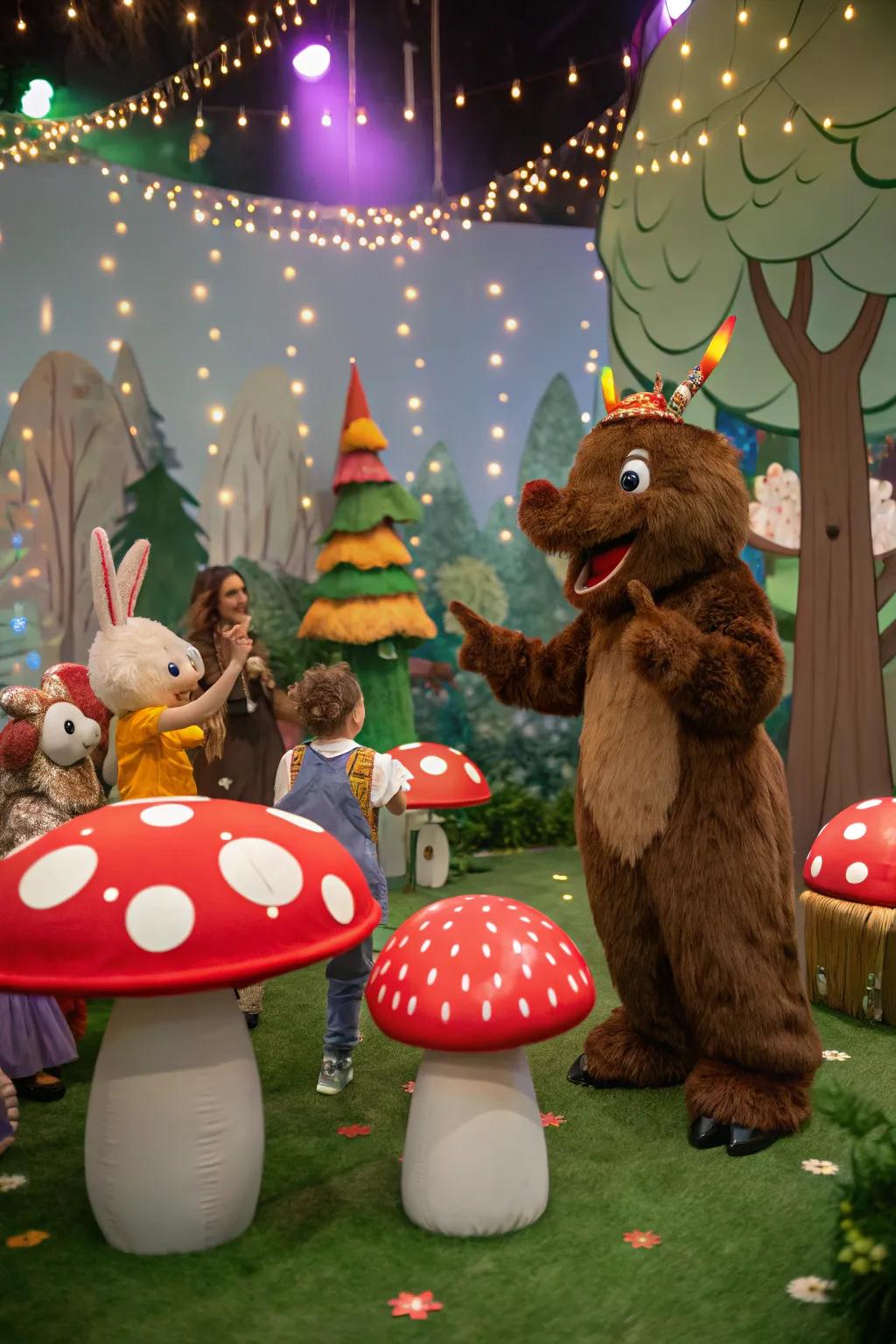 Enchanted animal props like jumbo toadstools add fantasy to the party decor.