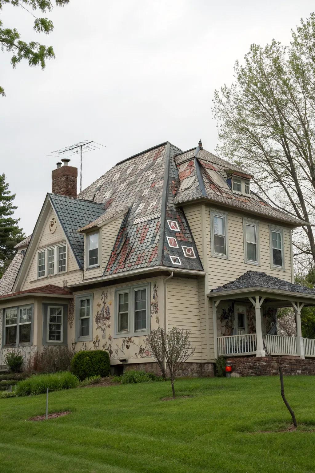 This mansard roof has a creative touch thanks to artistic shingles.