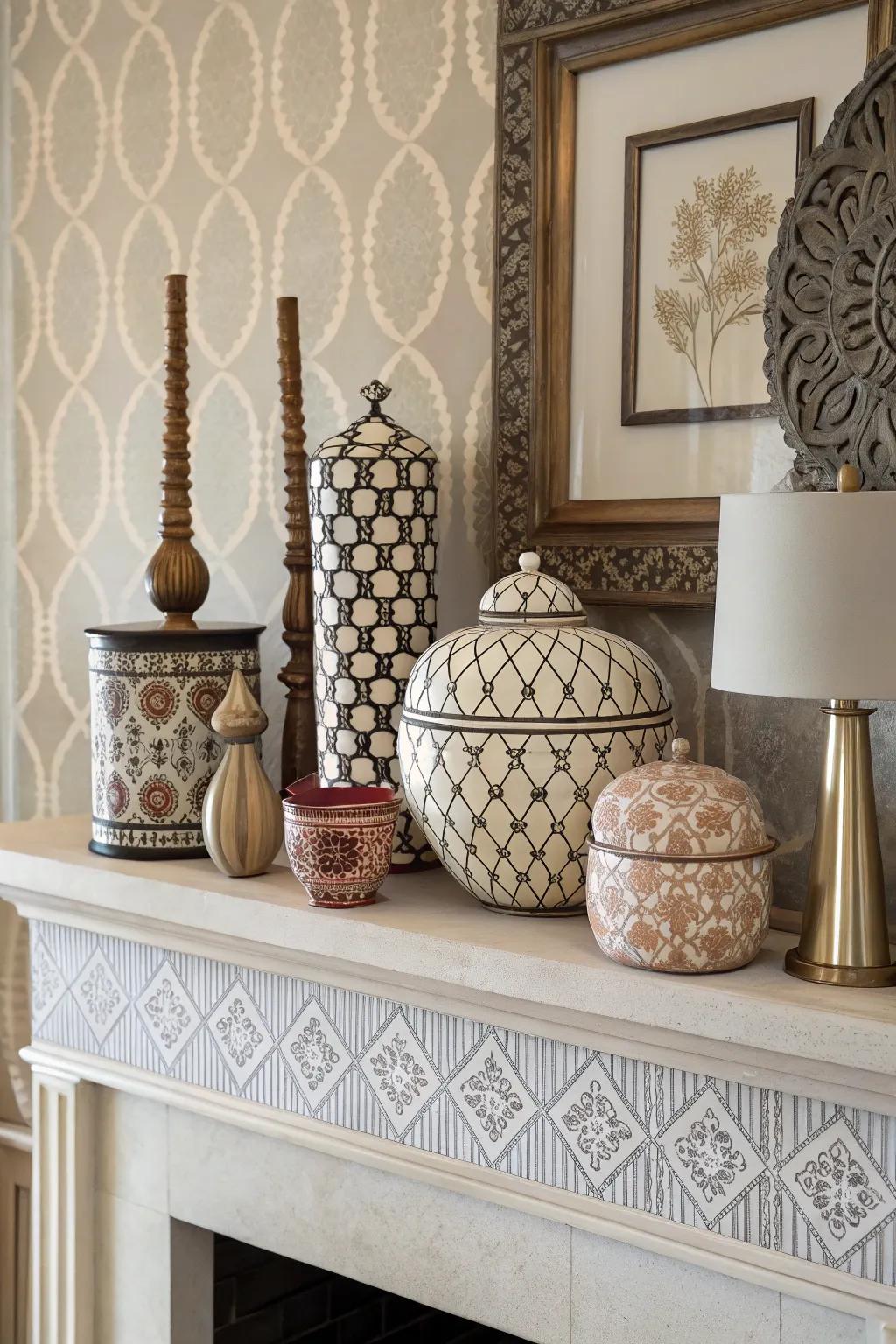 Playful patterns infuse the mantel with personality and visual allure.