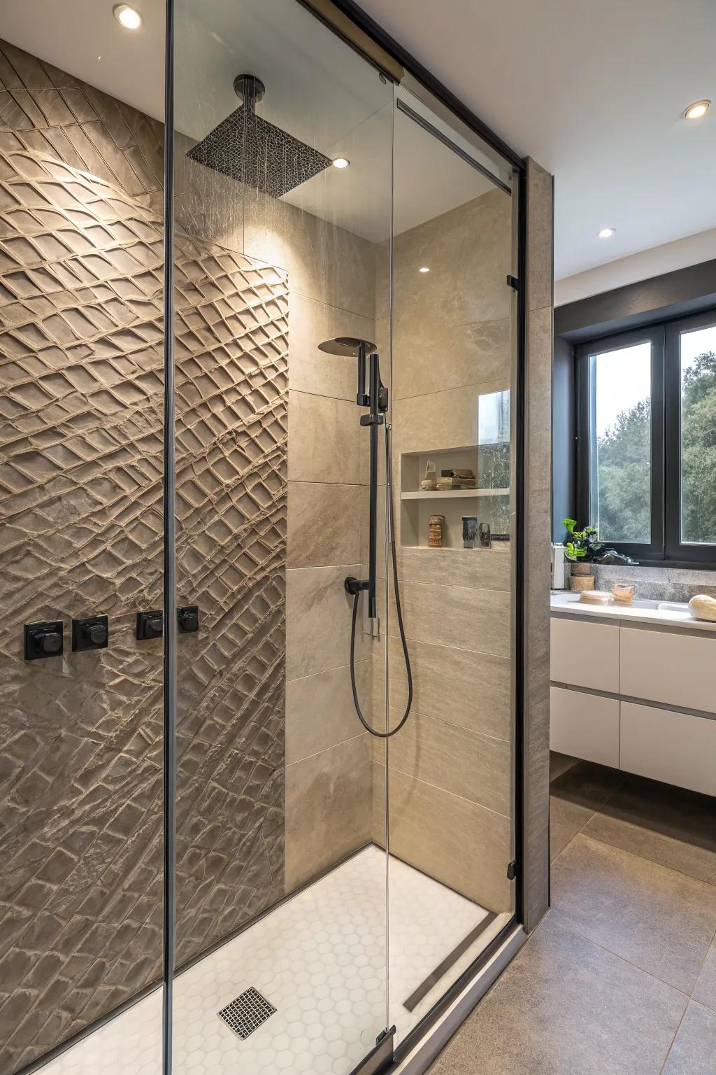 A textured highlight wall adds character to your shower.