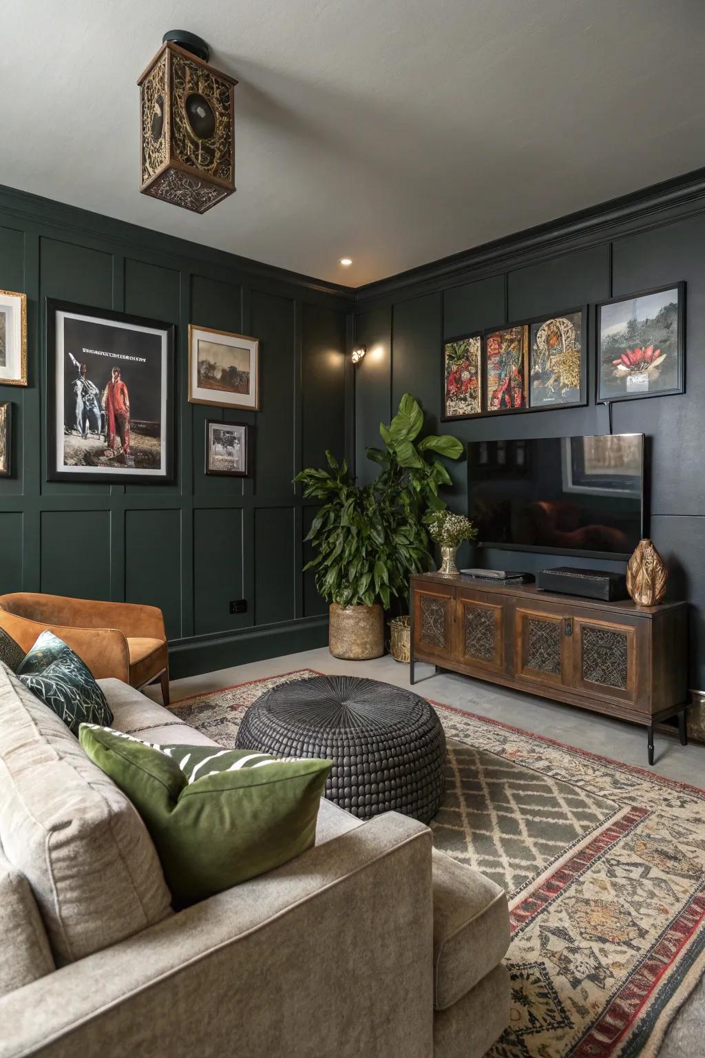 A media room with a dark olive accent wall, adding a touch of the unconventional.