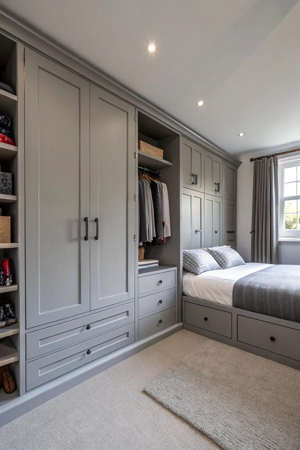The grey bedroom is kept tidy and uncluttered with clever storage solutions.