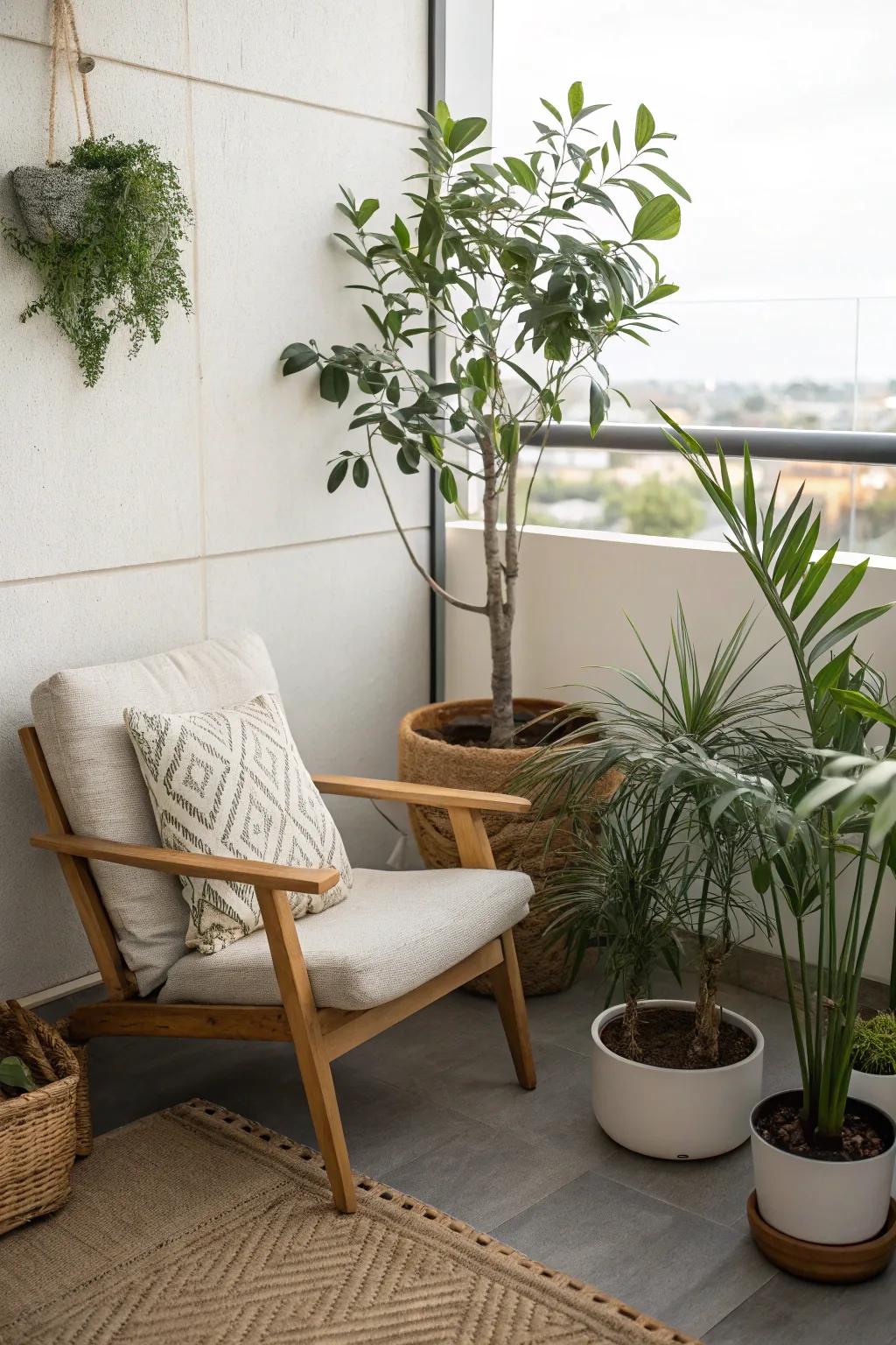 A tranquil Zen nook with minimalist decor and lush plants.