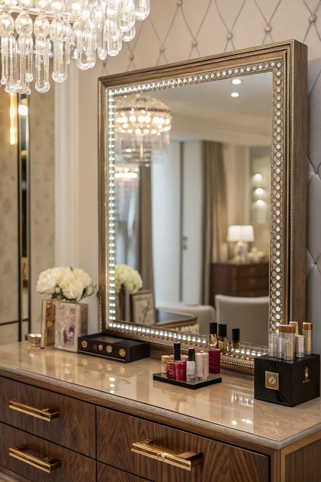 A mirrored frame enhances shimmer and dimension in an elegant dressing space.