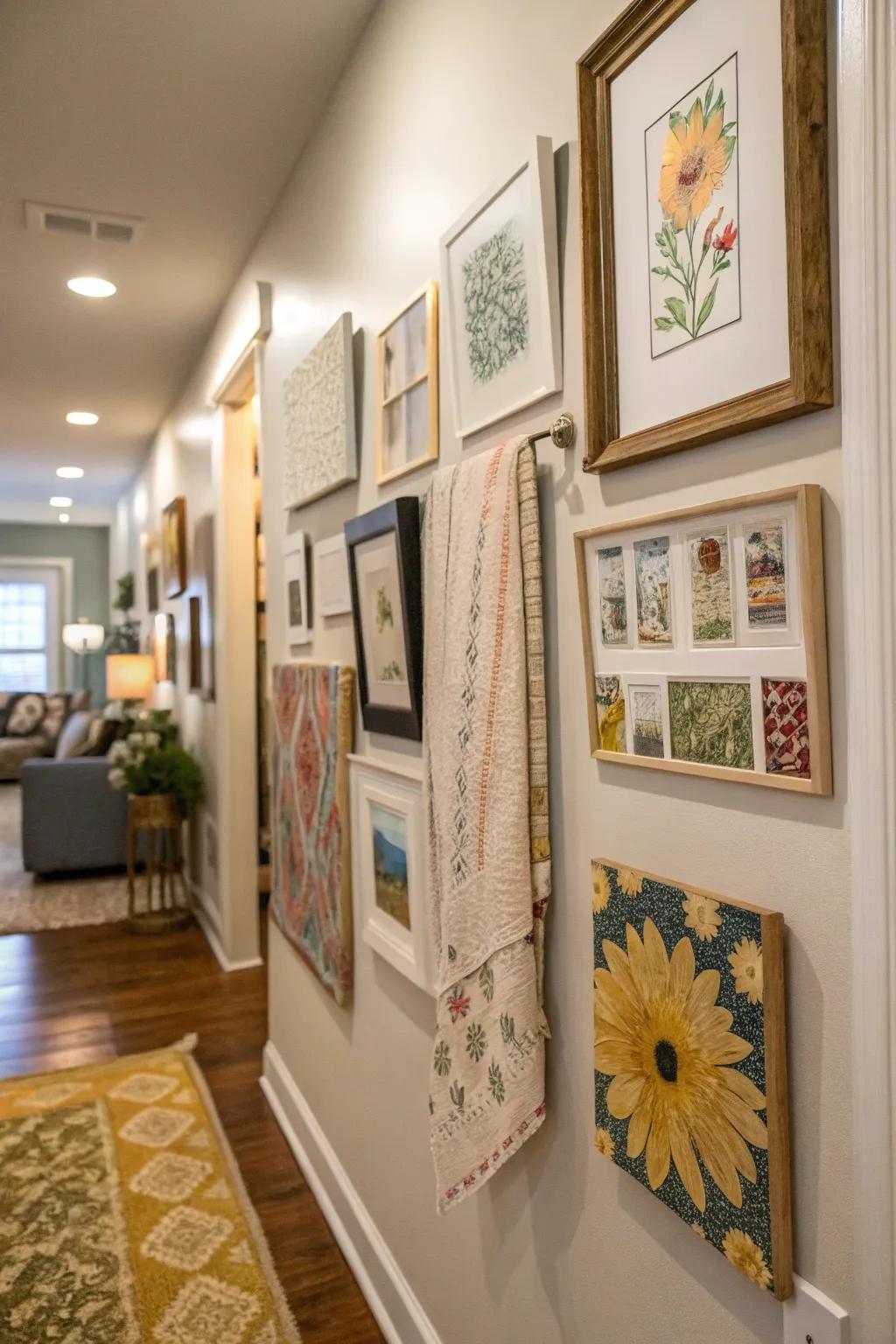 The unframed pieces provide the gallery wall a relaxed, organic charm.