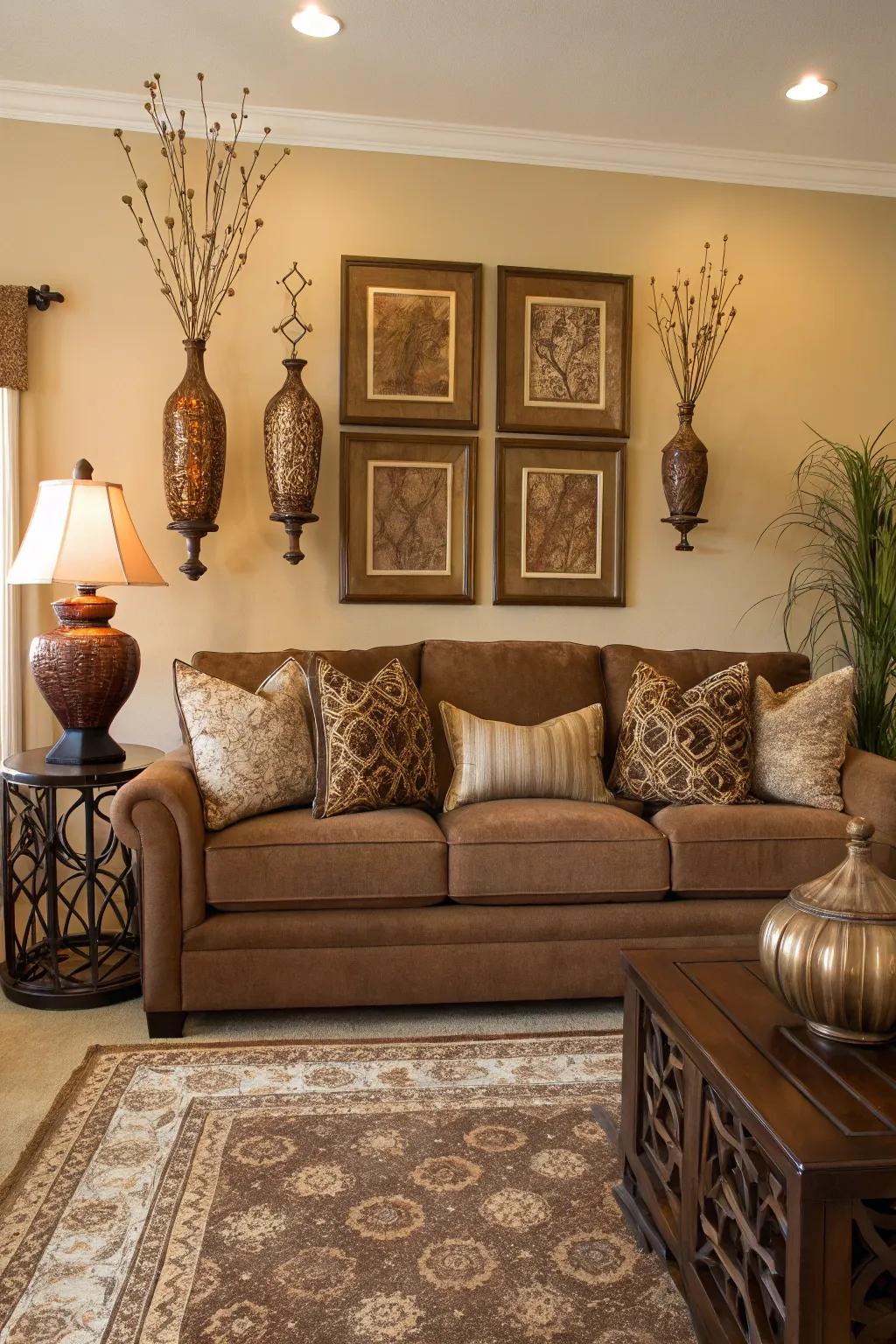 Symmetrical elements establish a balanced and harmonious space near the cocoa sofa.