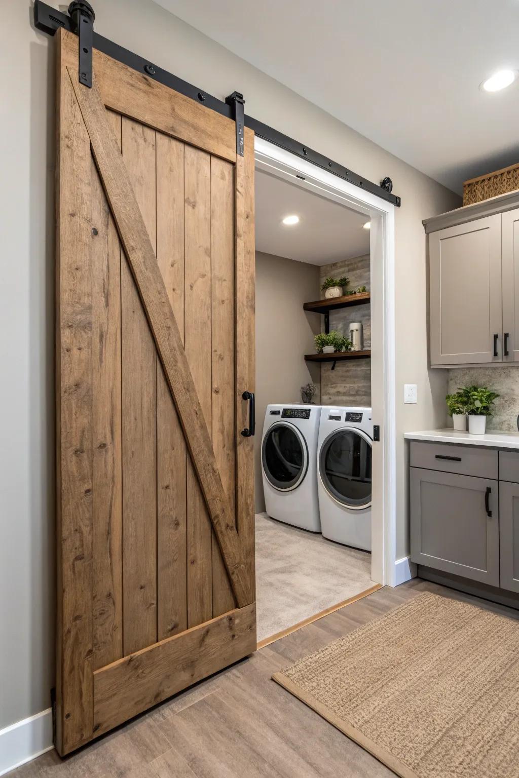 Barn doors infuse both style and functionality into the laundry room.