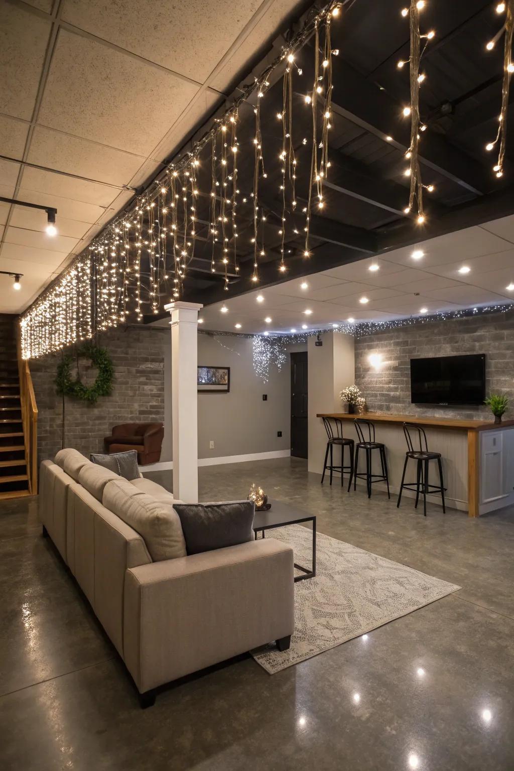 Sparkle lights bring a whimsical and cozy touch to the basement.