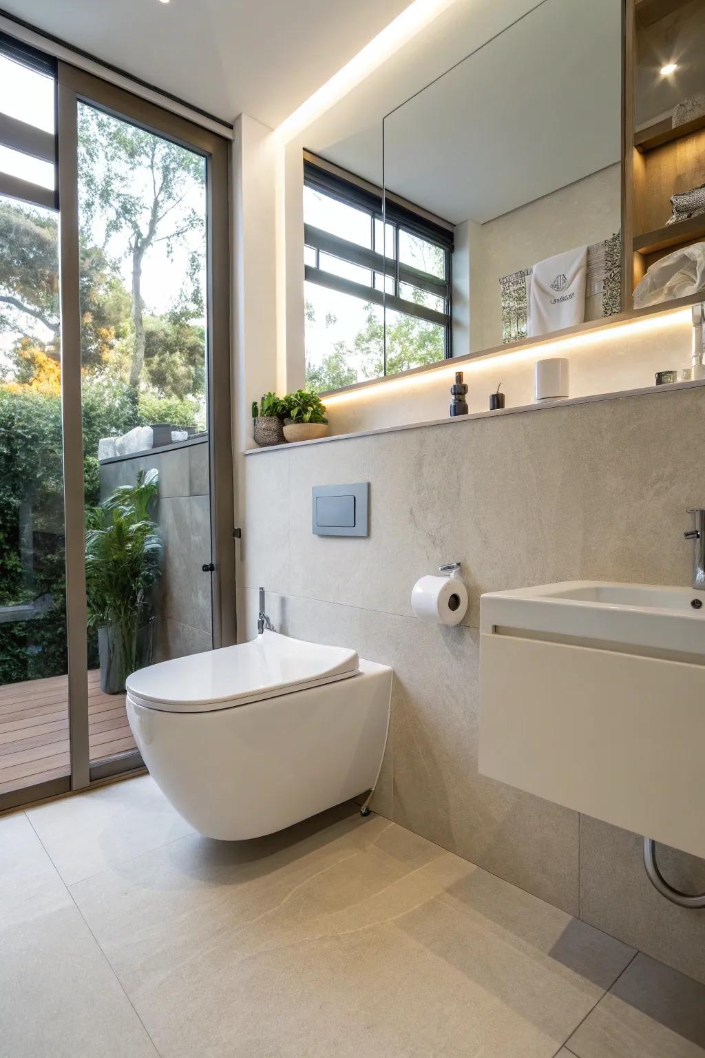 A wall-attached toilet contributes to a tidy and streamlined aesthetic.