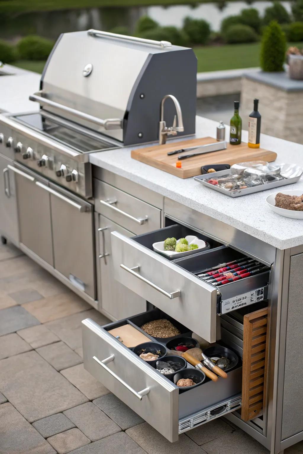 Smart storage ideas keep your BBQ island organized.