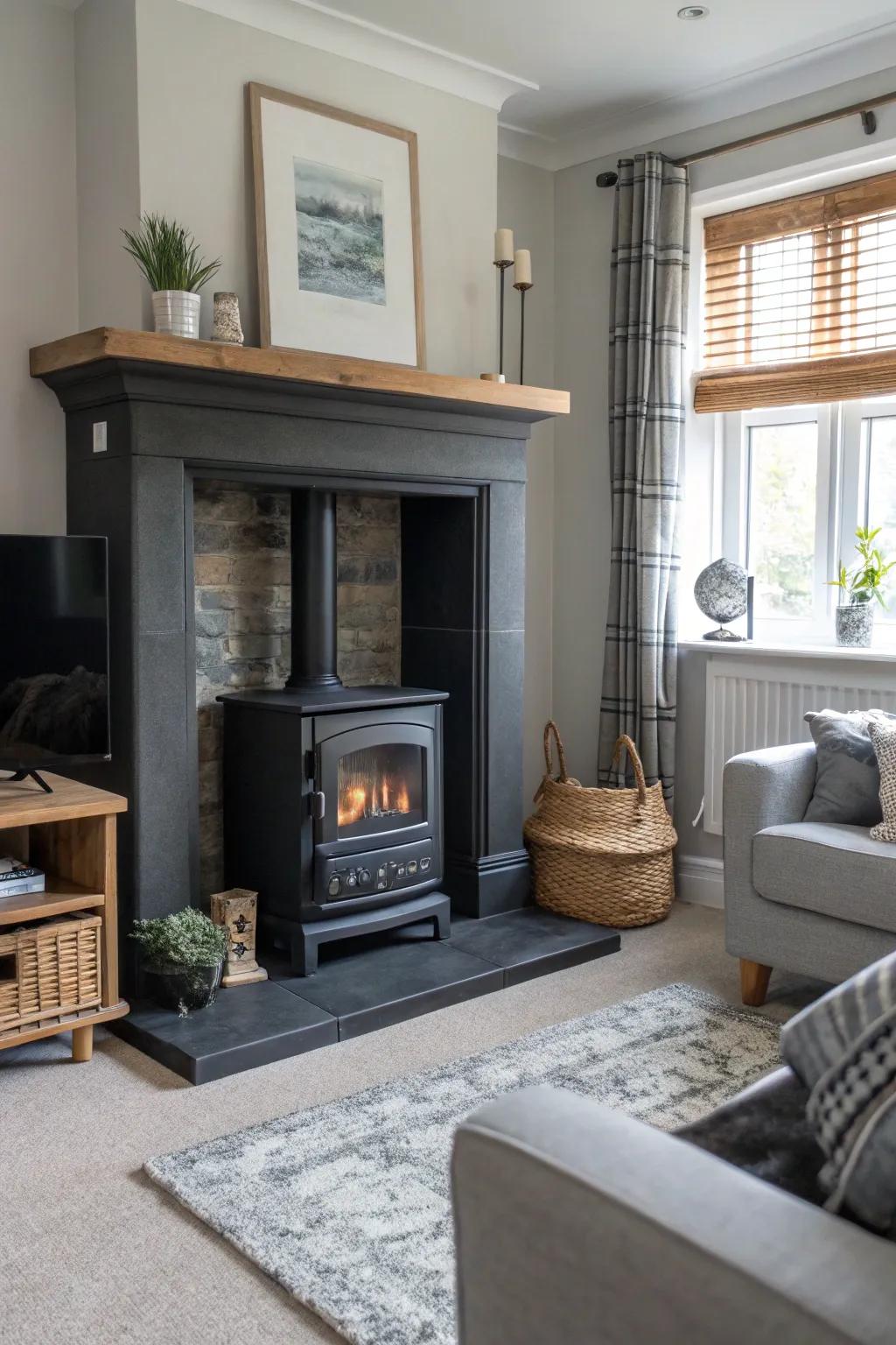 A modern dark and gray fireplace serves as a cozy focal point.