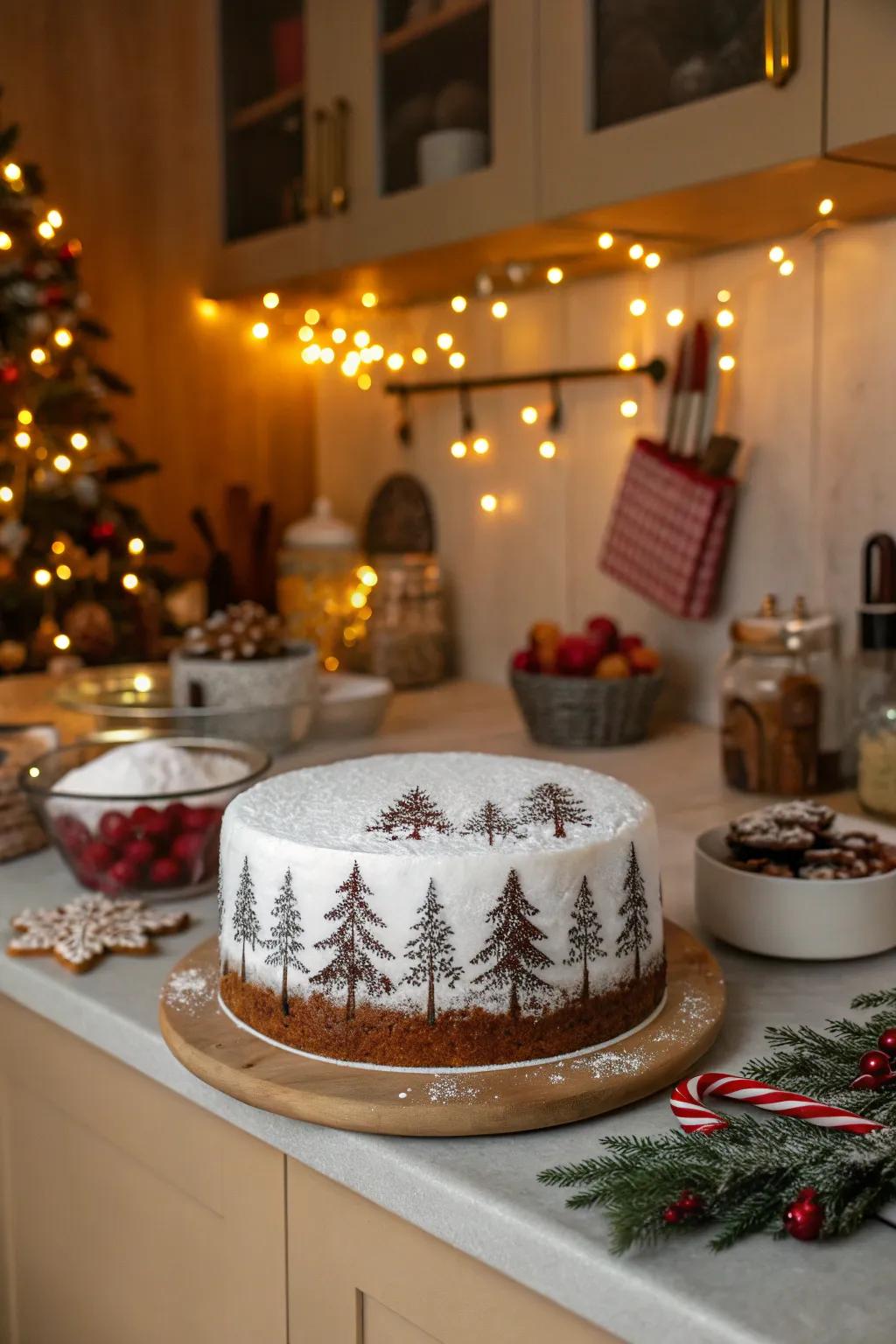 Christmas cake featuring a frosted forest scene