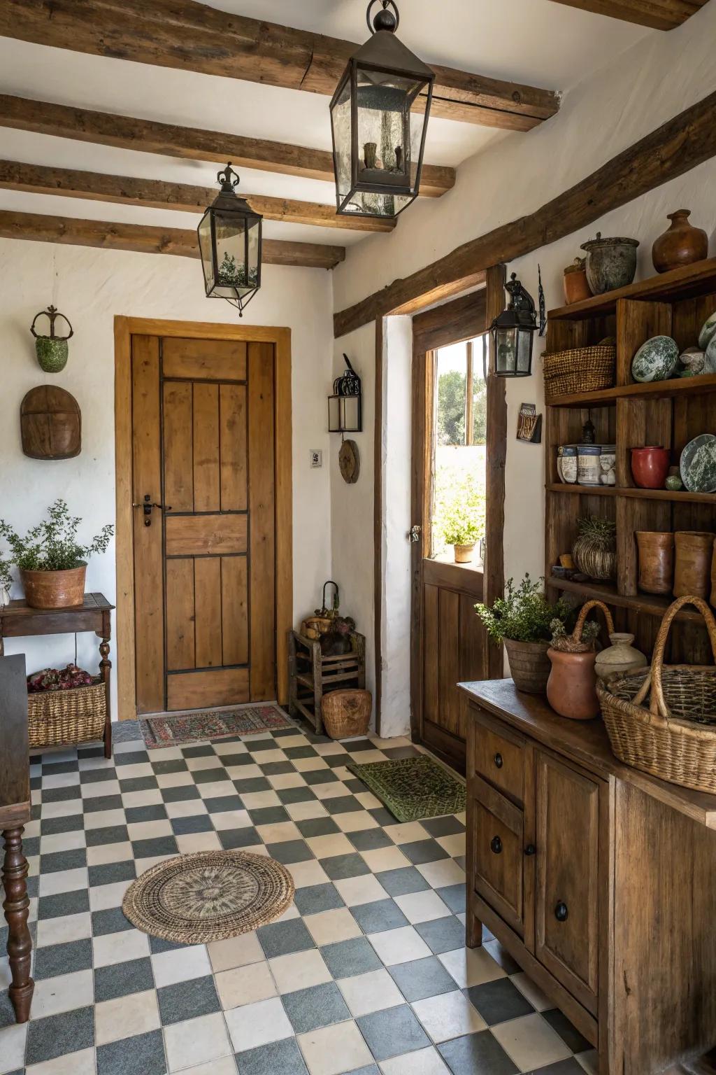 Checkerboard pavers add a classic element to the entryway.