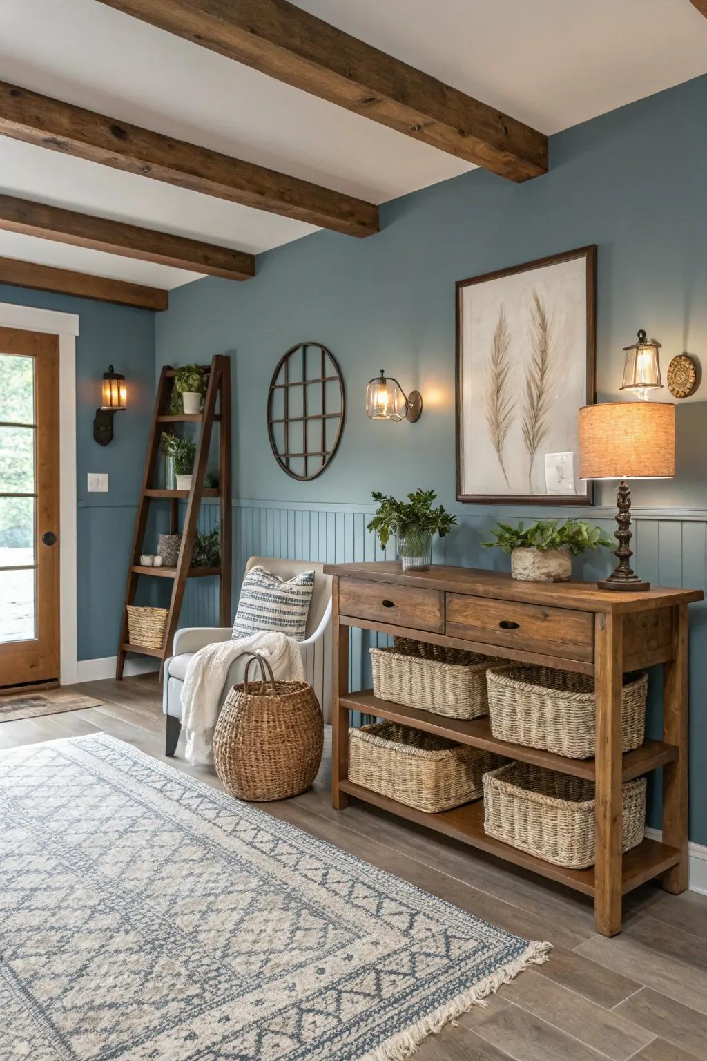Uncommon hues, such as muted blue, contribute a revitalizing twist to this farmhouse interior.