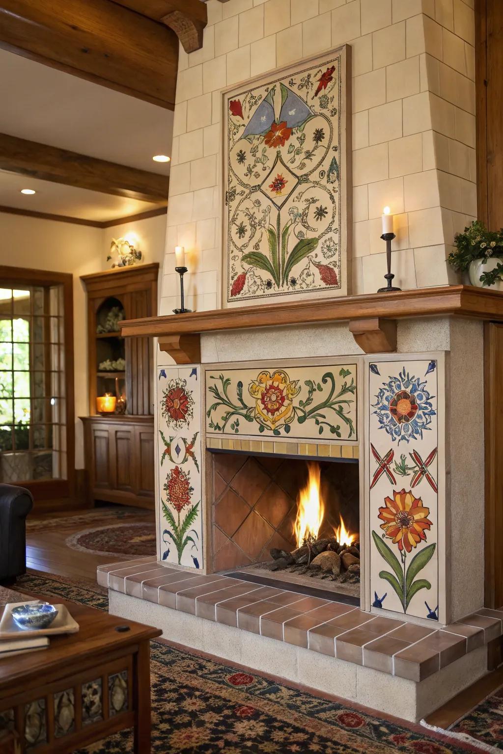 Artistry of hand-painted tiles displayed on a fireplace.
