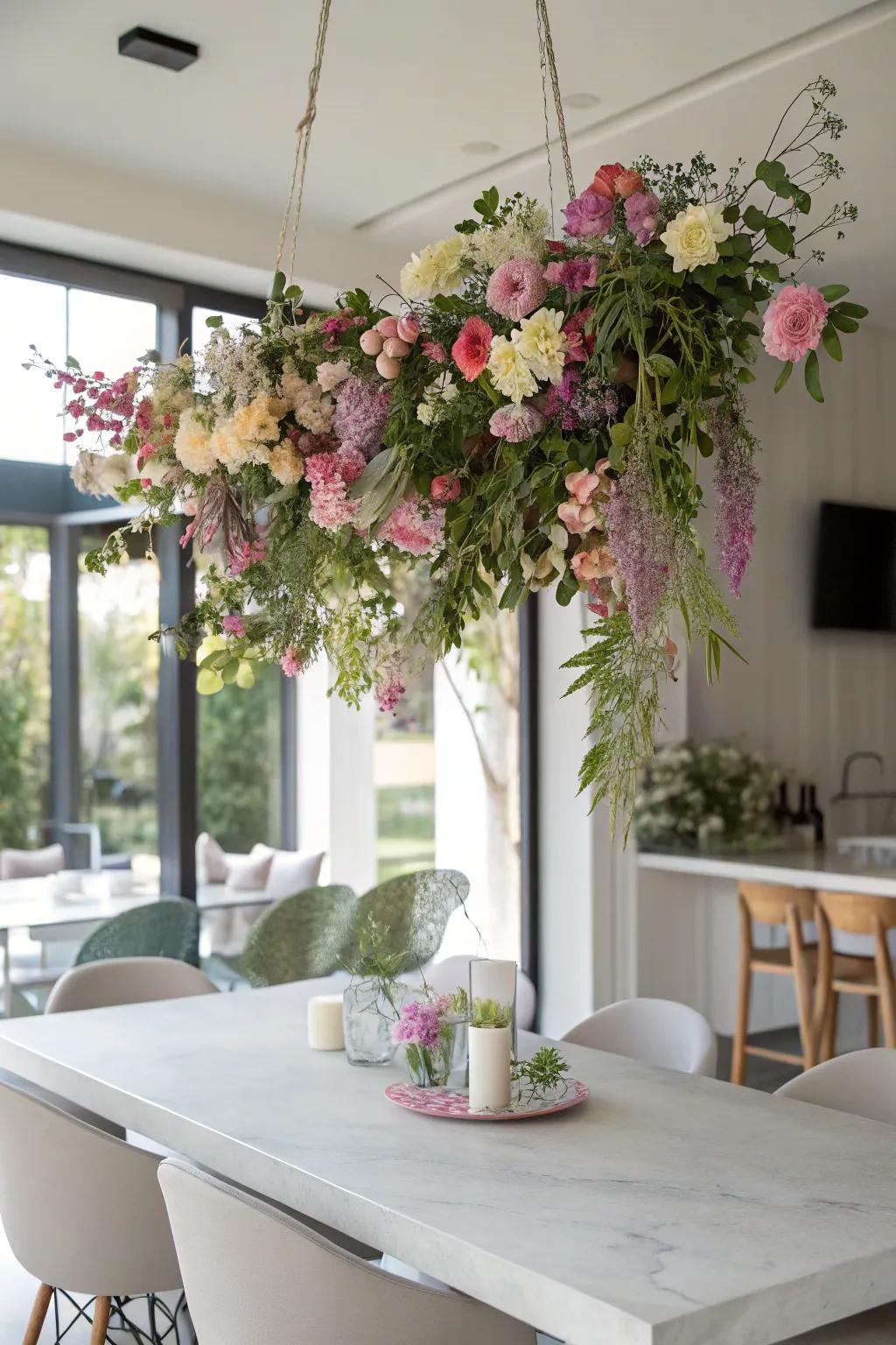 A suspended flower arrangement crafting a stunning drifting illusion.