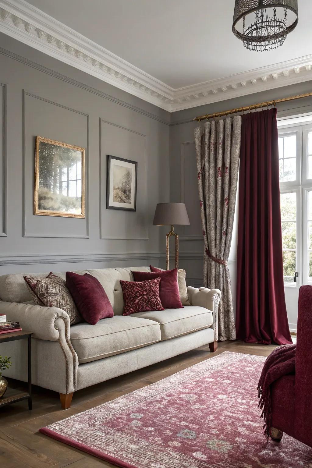Living area featuring neutral toned walls and carmine accent décor.
