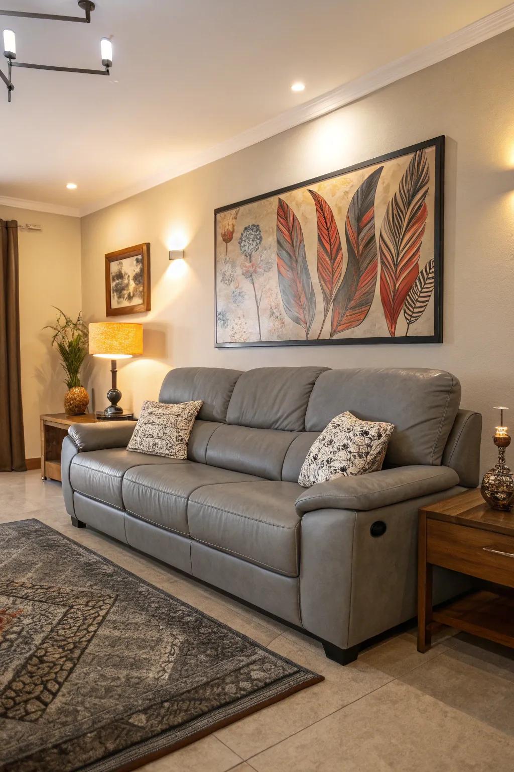A grey hide settee underscoring a stunning central point in the lounge.
